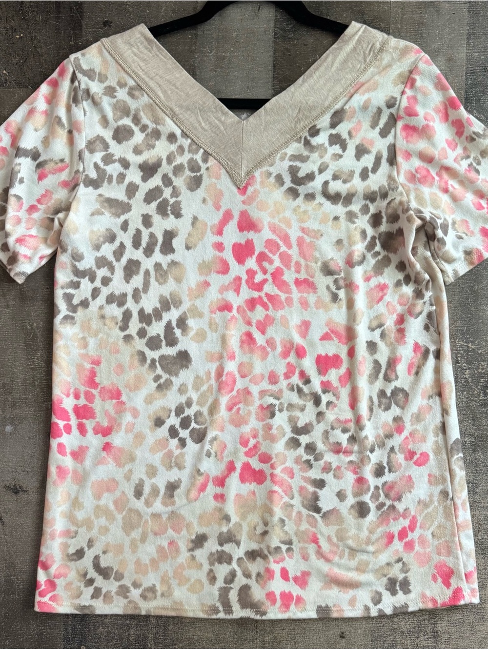 HEIMISH USA Cream Leopard Print V-Neck Short Sleeve Top with Pink and Taupe